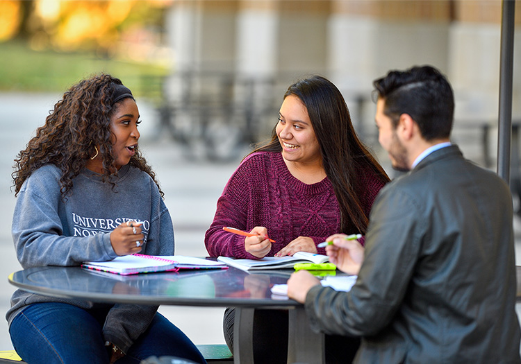 Three students sitting down outside talking to each other.